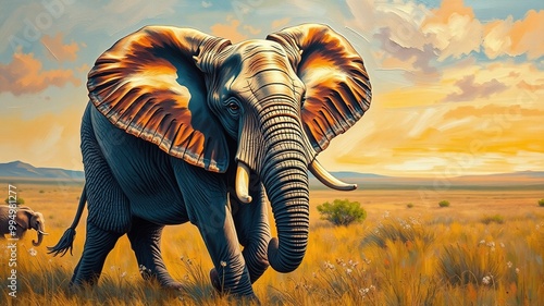 A majestic elephant ambles through serene landscape, its large ears flapping gently in the breeze, trunk held high, as nature's tranquility surrounds majestic creature. photo