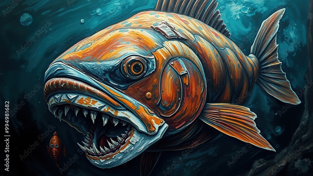 A massive, dark brown fish with a rounded head, prominent snout, and large, sharp teeth lurks in ocean depths, its fins rippling softly in currents. A massive, dark brown fish with a rounded head, prominent snout, and large, sharp teeth lurks in ocean depths, its fins rippling softly in currents.