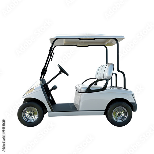 Side view of a white golf cart with a roof, ideal for golf courses, resorts, and leisure transportation.