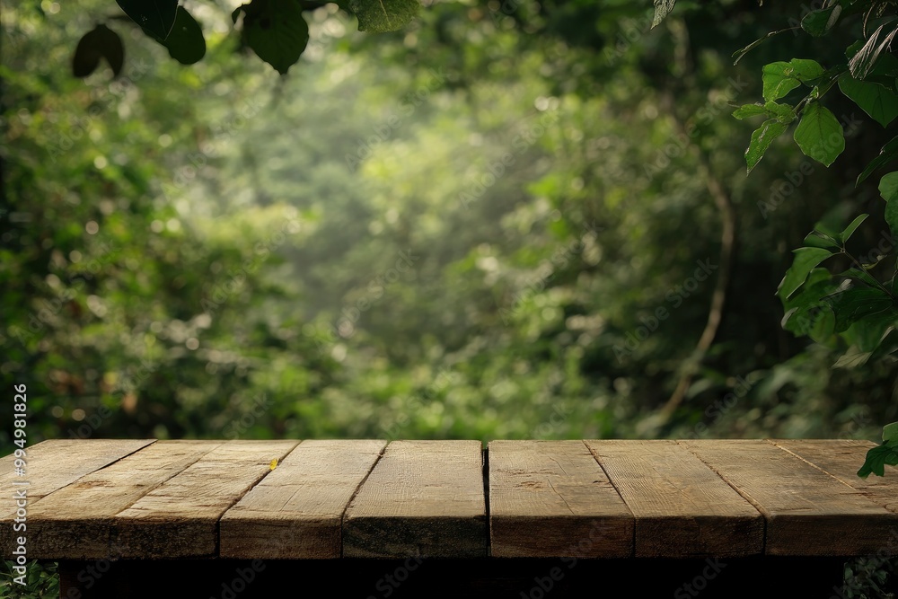 Table top wood counter floor podium in nature outdoors.generative ai Table top wood counter floor podium in nature outdoors.generative ai