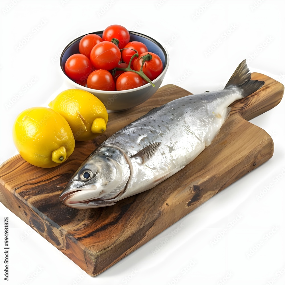 fresh fish on a cutting board with white backround generative AI fresh fish on a cutting board with white backround generative AI