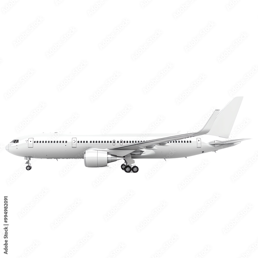 Obraz premium Side view of a commercial airplane flying in clear skies, ideal for travel industry and aviation-related stock images.