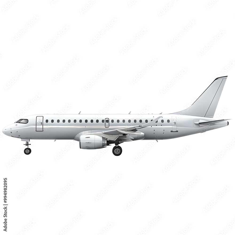 Obraz premium Side view of a commercial airplane with a white exterior. Perfect image for aviation, travel, and transportation themes.
