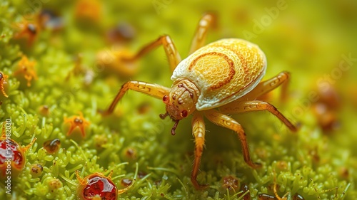 A microscopic view of a tiny, oval-shaped arachnid with eight legs, pale yellowish-brown color, and a distinctive flat body, likely causing intense itching and discomfort. photo