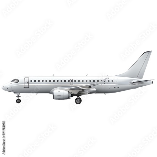 Side view of a commercial airplane with a white exterior. Perfect image for aviation, travel, and transportation themes. photo