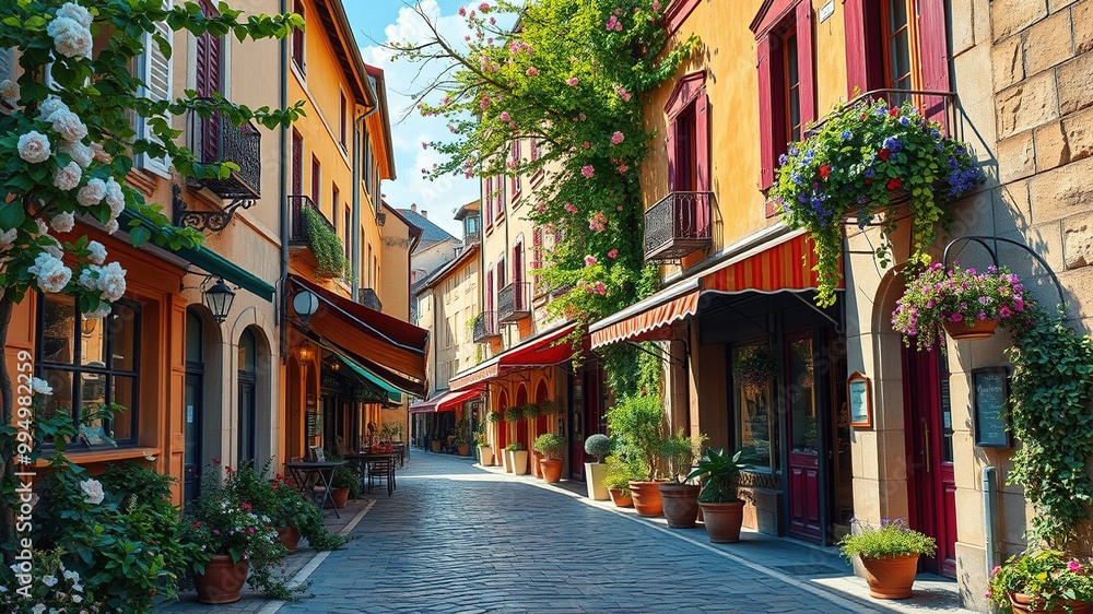 Obraz premium A picturesque morning street scene in a charming French-inspired town, featuring a colorful awning-lined promenade, historic buildings, 