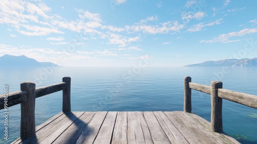 A wooden viewing platform extending towards a vast ocean, with coastal lines and distant hills subtly framing the sides