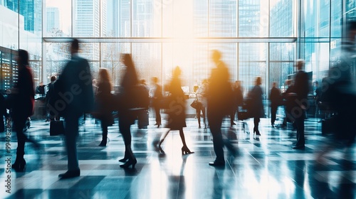 A bustling urban scene with silhouetted figures walking inside a bright, modern building, conveying a sense of movement and daily life in the city. photo