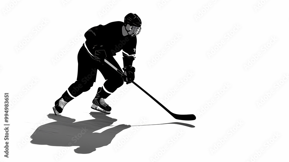 Fototapeta premium Strong silhouette of a hockey player on a white background, with subtle shadow play to highlight shape and form. simple, versatile composition allows easy text addition. Shadow Play. Illustration