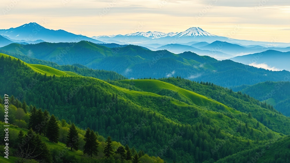 A serene landscape of rolling green mountains, dense forests, and misty valleys unfolds in the northern region of Japan, with distant snowy peaks rising above. A serene landscape of rolling green mountains, dense forests, and misty valleys unfolds in the northern region of Japan, with distant snowy peaks rising above.