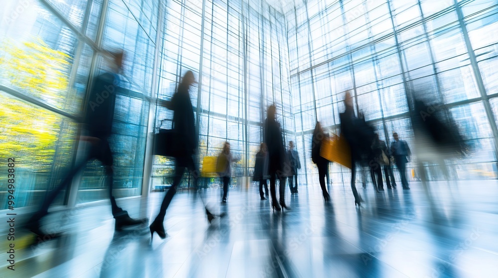 A blurred image of people walking in a modern glass building, capturing a busy urban atmosphere with natural light streaming through. A blurred image of people walking in a modern glass building, capturing a busy urban atmosphere with natural light streaming through.
