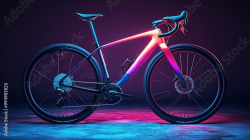 A modern bicycle illuminated with vibrant neon colors. photo