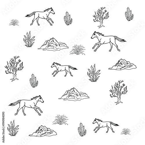 Pattern. Cacti, mountain,s and wild horses on a white background