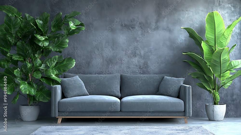 Modern living room with a couch and greenery. Modern living room with a couch and greenery.