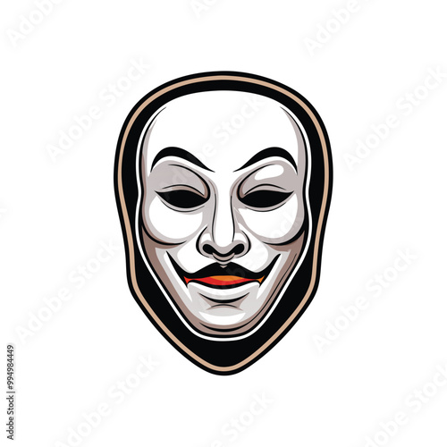 A simple white theater mask with no expression, a slightly smirking mouth.