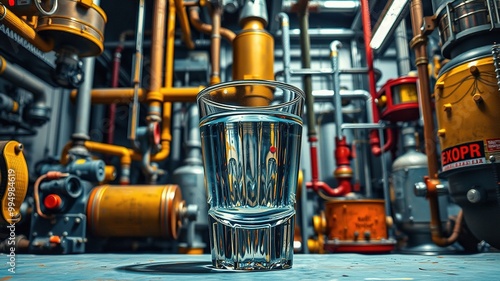 A shot glass filled with clear liquid sits amidst a backdrop of industrial equipment, pipes, and machinery, hinting at the production process of a popular vodka brand.