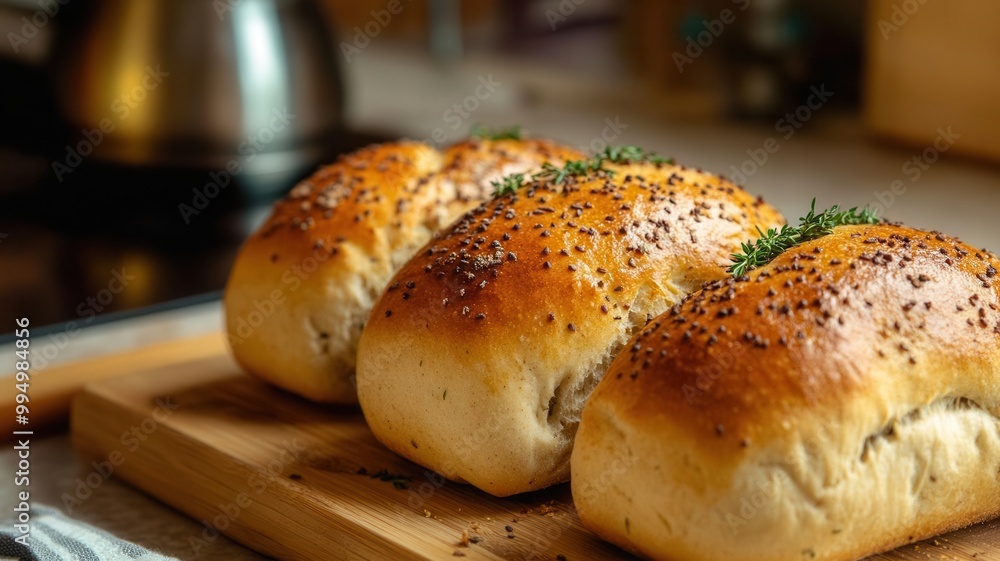 Freshly baked bread with thyme leaves sprinkled on top, set on a wooden board in a warm kitchen environment Freshly baked bread with thyme leaves sprinkled on top, set on a wooden board in a warm kitchen environment
