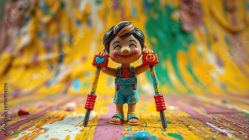 A small, colorful figurine with a joyful expression is using a pair of colorful crutches with emotive symbols on the handles, conveying a sense of hope and resilience.