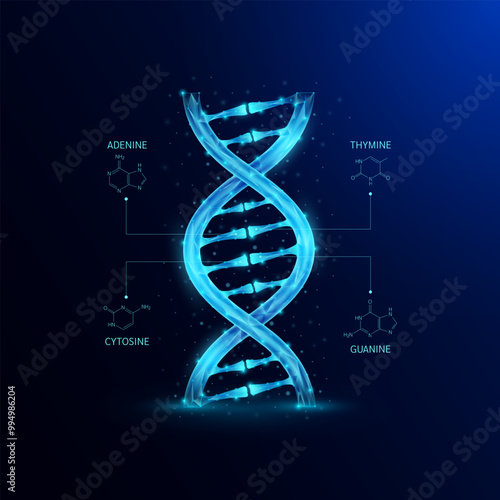 DNA gene cell double helix blue. Genetic synthetic biology combined. Code analysis thymine, adenine, guanine, cytosine. Medical science background vector.