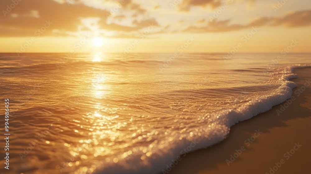 Obraz premium Golden beach at sunset, clear waves washing ashore