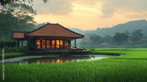 Tranquil rice field house at sunset surrounded by nature. photo