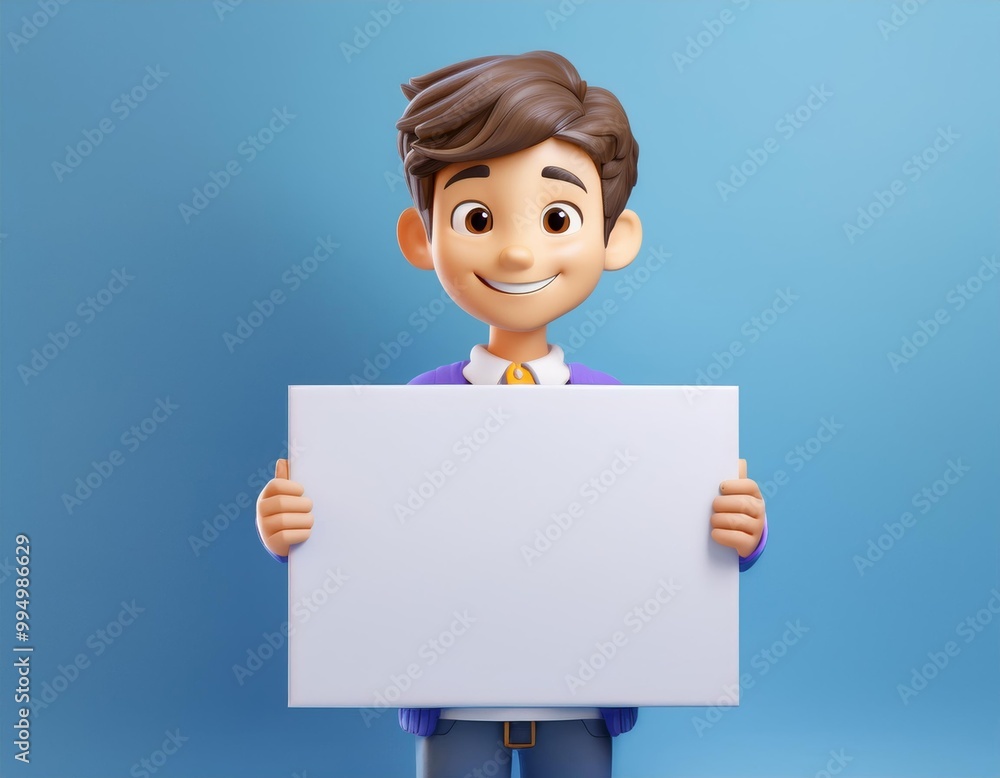 3D cartoon boy smiling and holding up a blank sign 3D cartoon boy smiling and holding up a blank sign