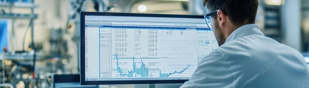 Control chart on a computer screen with upper and lower limits, engineer analyzing process data Control chart on a computer screen with upper and lower limits, engineer analyzing process data