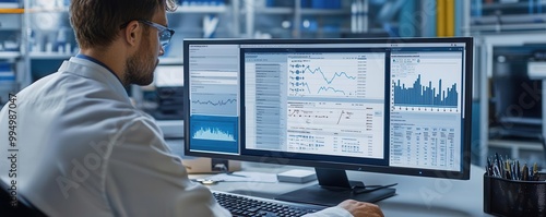 Engineer analyzing statistical control charts and graphs on a computer screen, SPC software interface photo
