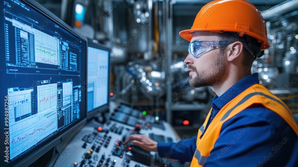 Technician monitoring real-time control charts in a factory control room, focus on process improvement Technician monitoring real-time control charts in a factory control room, focus on process improvement