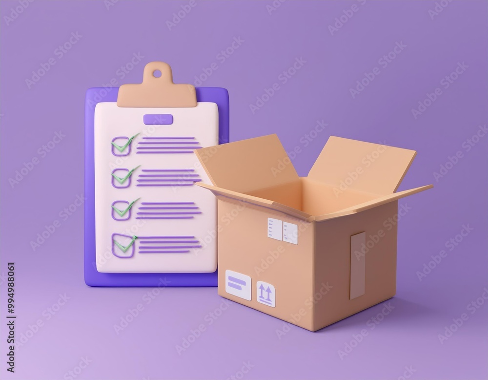 3D checklist and an open box symbolizing an order ready to be shipped 3D checklist and an open box symbolizing an order ready to be shipped