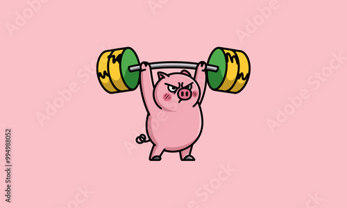 Strong pig lifting a barbell with money bags as weights