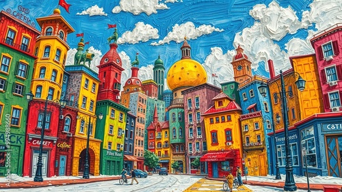 A whimsical scene featuring a colorful cityscape with cartoon-style buildings, silly streetlights, and a sense of playful chaos in the midst of a sunny day. photo