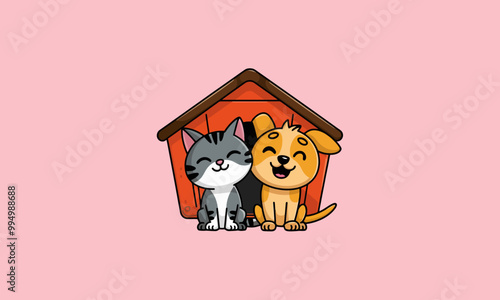 Happy cat and dog sitting together in front of a doghouse