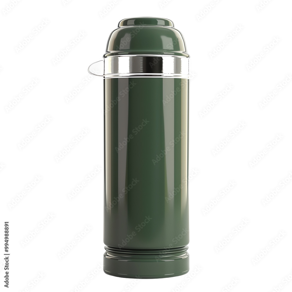 Green vacuum flask, isolated on white background, ideal for hot and cold drinks, perfect for travel and outdoor activities. Green vacuum flask, isolated on white background, ideal for hot and cold drinks, perfect for travel and outdoor activities.