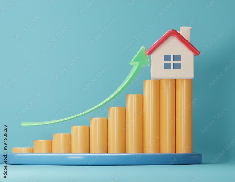 3D house perched atop a rising bar graph signifying increasing home values