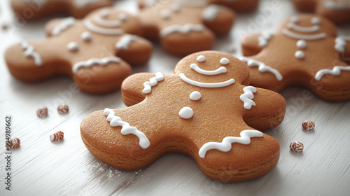 Gingerbread man cookies on a white wooden background.