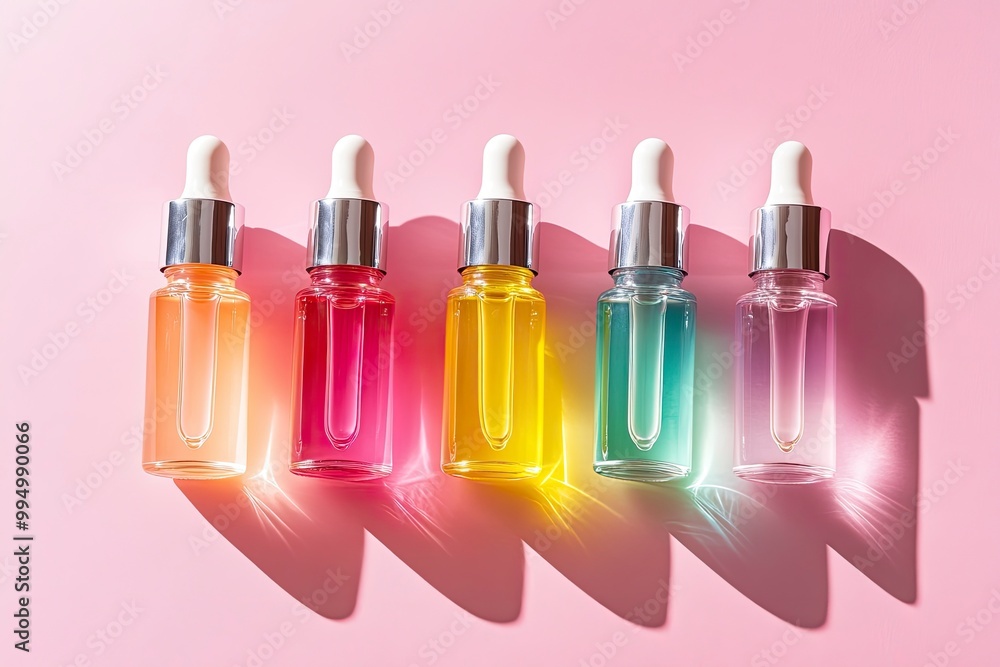 Top view of four glass serum dropper bottles with vibrant liquid colors on a soft pink surface, symbolizing skincare beauty routines. generative ai Top view of four glass serum dropper bottles with vibrant liquid colors on a soft pink surface, symbolizing skincare beauty routines. generative ai
