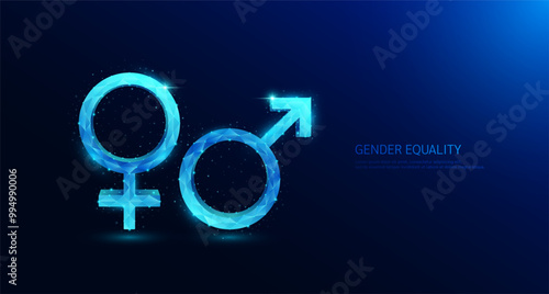 Gender symbols male and female. Polygon glowing blue. Gender equality concept. Banner vector illustration.