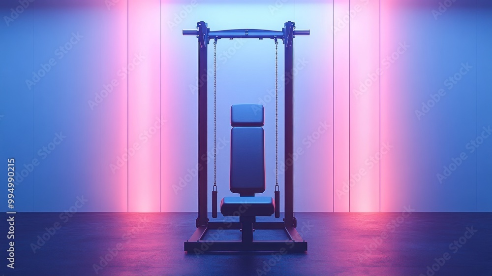A modern gym machine illuminated by colorful lights. A modern gym machine illuminated by colorful lights.
