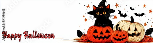 Halloween greeting card, black cat with Jack O lantern watercolor