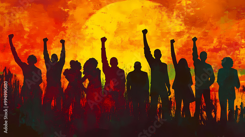 Vibrant harlem renaissance style: group silhouette with power fist - image Renaissance Art. Illustration