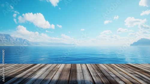 Standing on a wooden platform, facing an endless ocean with the shoreline and distant hills only visible on the peripheries photo