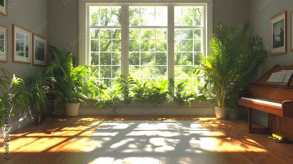 Fototapeta premium Sunbeams Through Window with Piano and Plants
