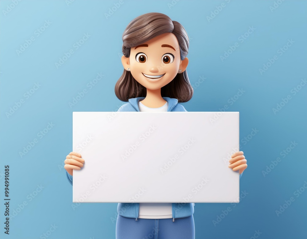 3D smiling woman holding a blank sign 3D smiling woman holding a blank sign