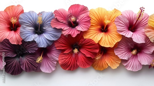 A vibrant arrangement of colorful hibiscus flowers.