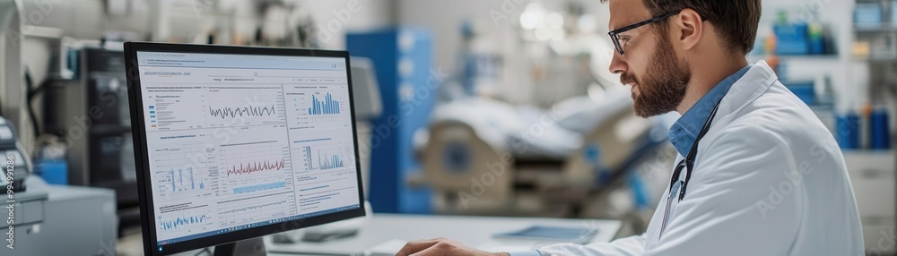Logistics manager analyzing supply chain optimization reports on a computer, healthcare office with medical equipment nearby Logistics manager analyzing supply chain optimization reports on a computer, healthcare office with medical equipment nearby