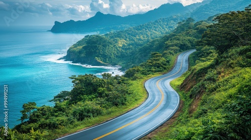 Scenic Coastal Road Winding through Lush Green Mountains with Ocean View