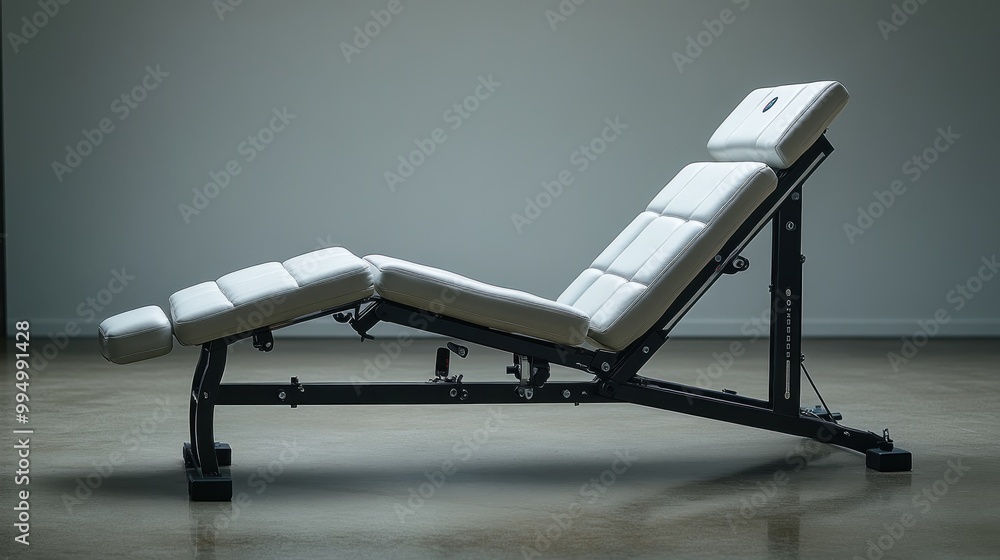Adjustable fitness bench in a minimalist setting. Adjustable fitness bench in a minimalist setting.