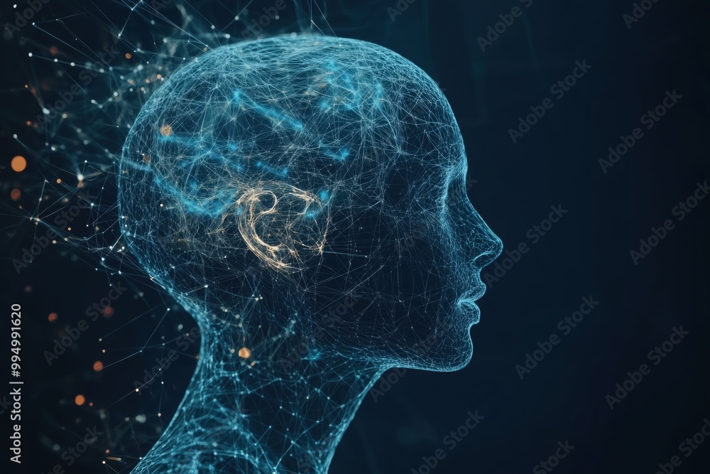 The human head and brain. Deep learning, machine learning and artificial intelligence The human head and brain. Deep learning, machine learning and artificial intelligence