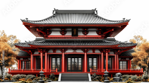 Traditional Japanese Temple Architecture with Curved Rooflines